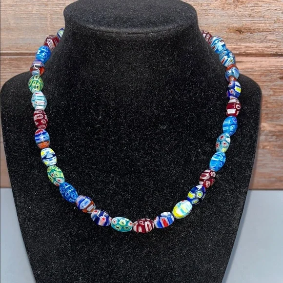 Vintage Murano Millefiori Italian Colorful Glass Graduated Bead Necklace - Picture 1 of 15